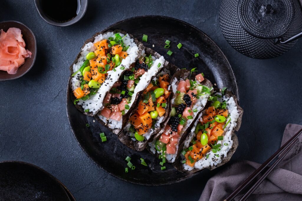 Vegan Sushi Tacos with Plant based salmon and tuna